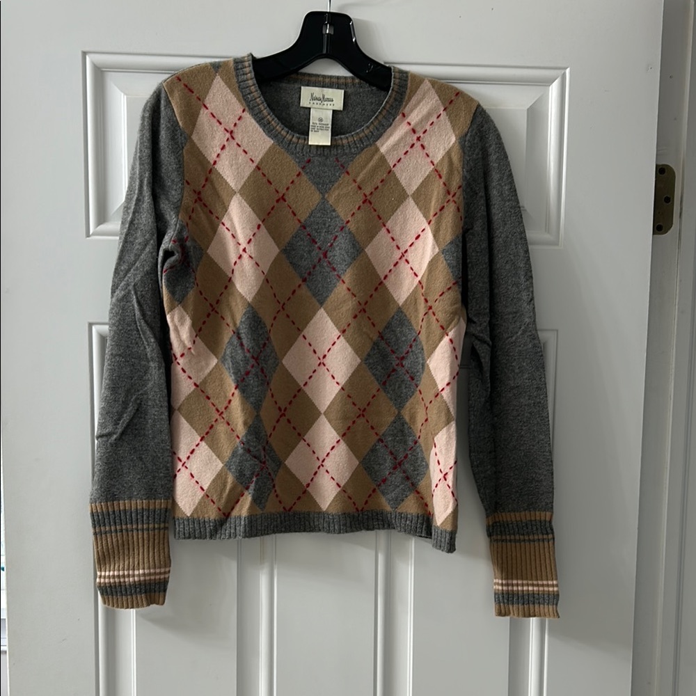 Neiman Marcus Gray Pink Tan Argyle Crewneck Sweater